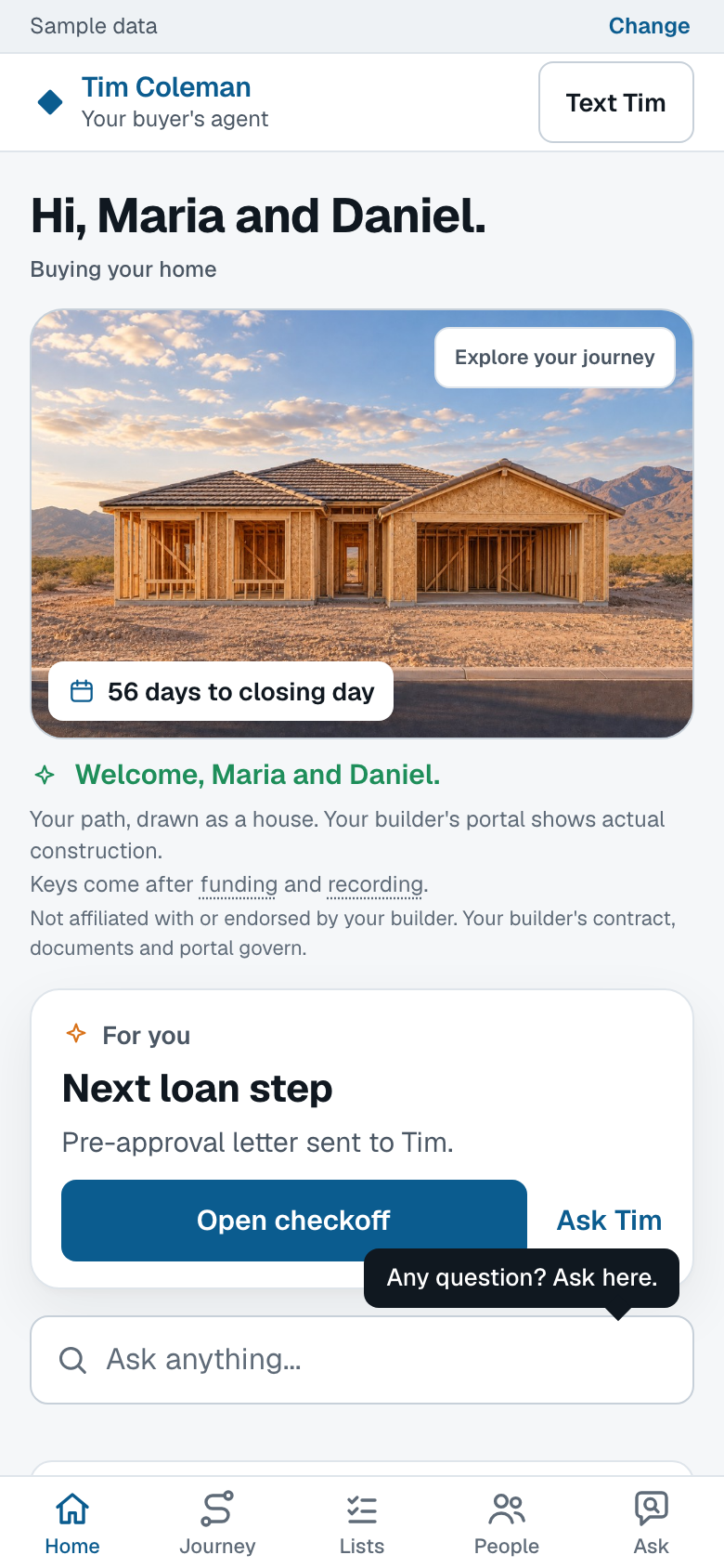Path to Keys sample home screen showing buyer milestones and planning tools